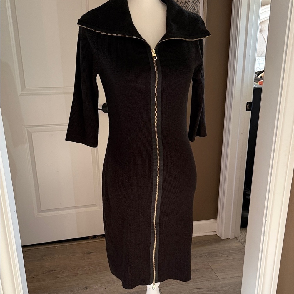 ELLEN TRACY Classic Black Ribbed-Knit Zipper Front Sweater Dress Soze Small